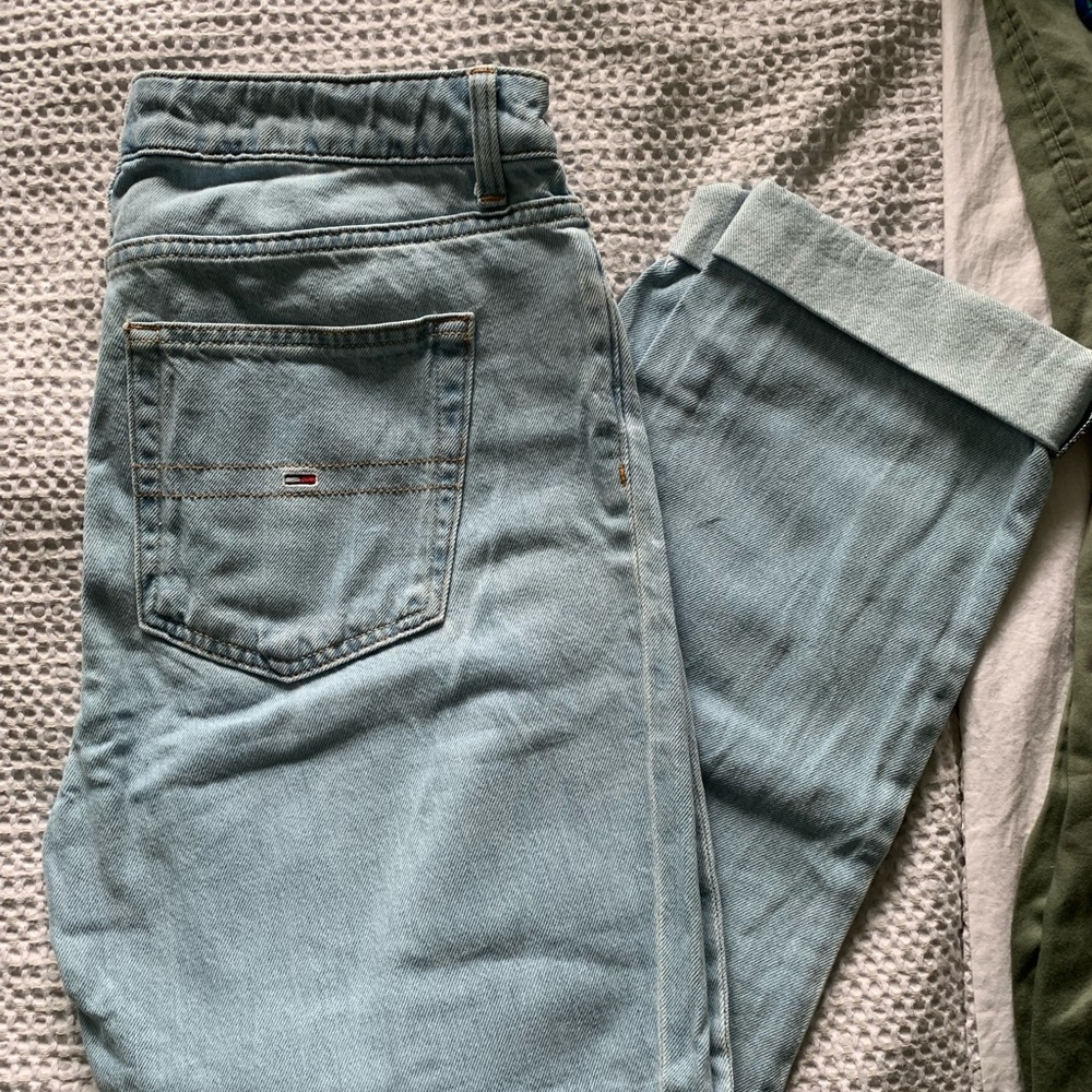 Tommy Hilfiger light wash high waisted mom jeans cut at the bottom
